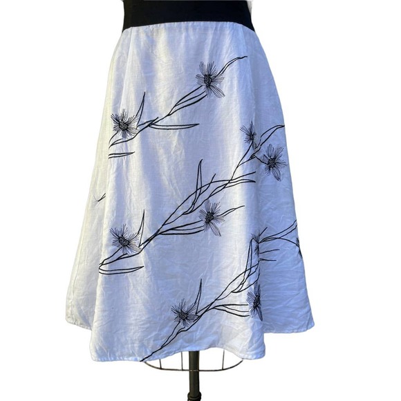 Nikki Valenti Women's Fit and Flare Midi Dress Black White Floral Linen 10 - Picture 3 of 7